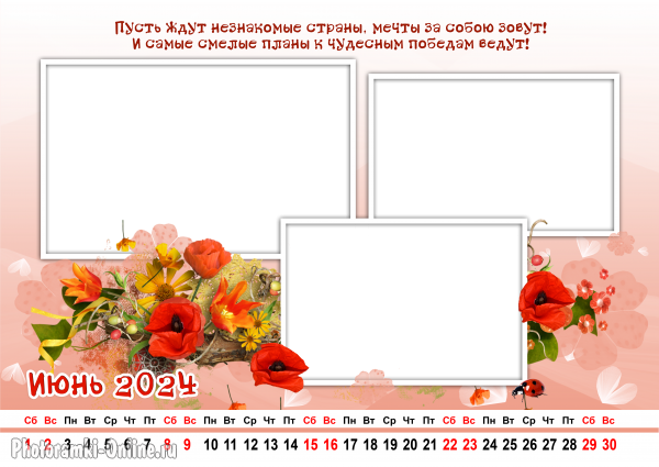 Шаблон календаря по месяцам на июнь 2024 онлайн со своим фото