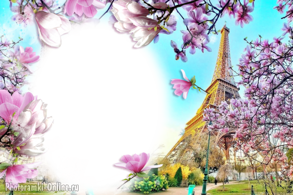 Стильный фотоколлаж с цветами магнолии и Эйфелевой башней