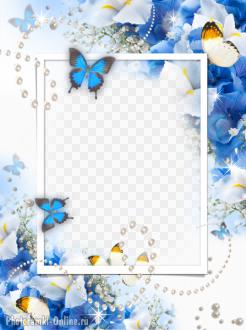 рамка цветочная голубая с бабочками и жемчугом