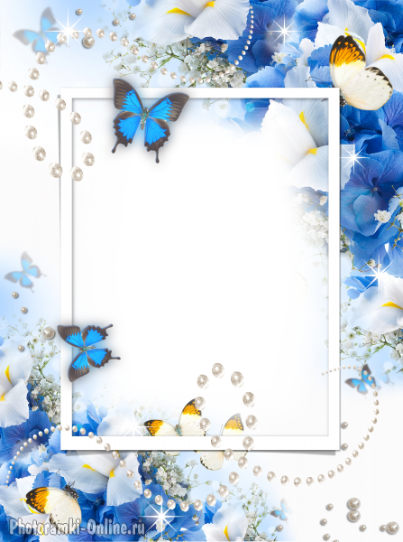 рамка цветочная голубая с бабочками и жемчугом