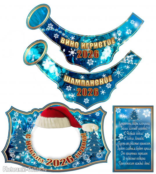 Новогодняя этикетка с фото для шампанского или вина с шапочкой Санты и снежинками