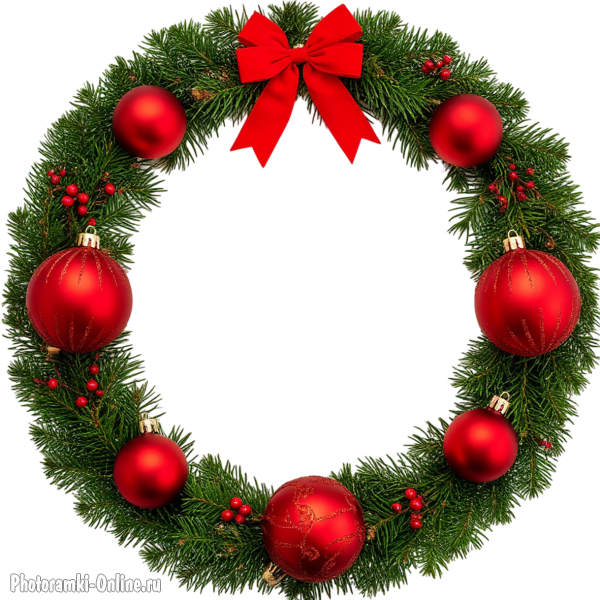 Круглая новогодняя рамка онлайн из еловых ветвей и украшений
