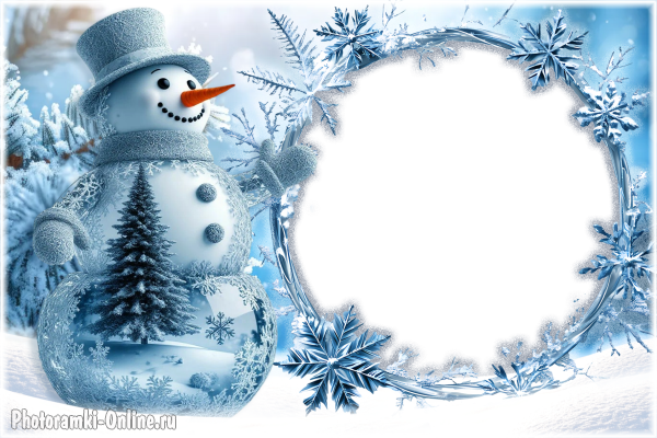Круглая фоторамка из снежинок и красивый сказочный снеговик