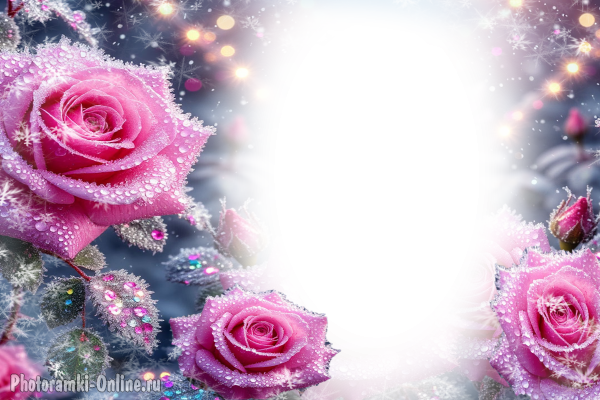 Фотоэффект с зимними розами, росинки, иней, блеск, мягкие огни