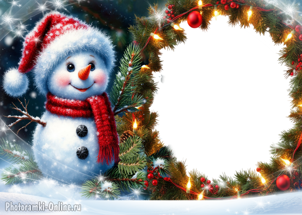 Новогодняя рамка для фото с весёлым снеговиком и гирляндой
