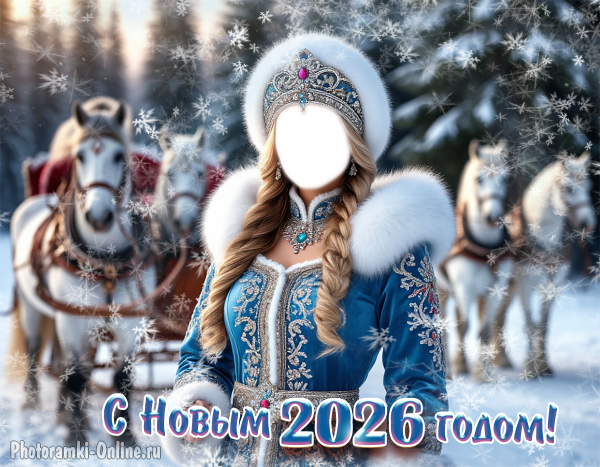 Новогодний шаблон со Снегурочкой в красивом наряде с мехом и вышивкой