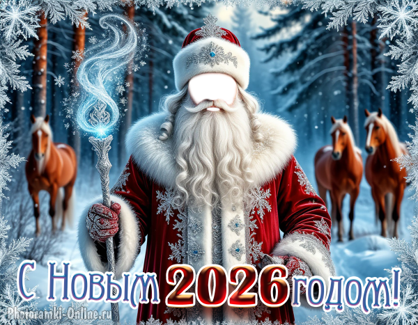 Новогодний шаблон с Дедом Морозом в красивом наряде в лесу