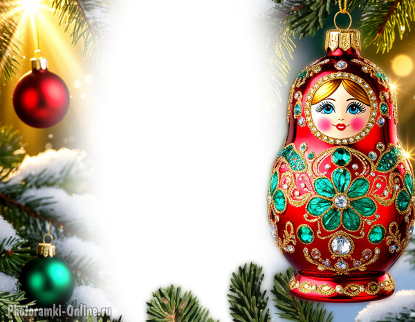 Фотоколлаж с новогодней игрушкой в виде матрешки среди заснеженных веток