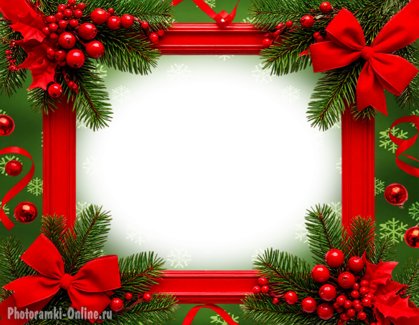 Фоторамка с еловыми ветками, алыми ягодами, лентами и шарами