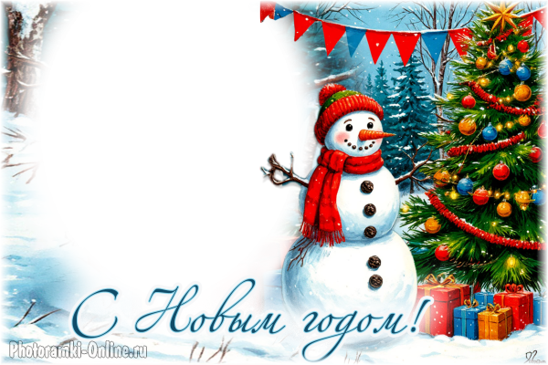 Фоторамка в советском стиле со снеговиком, пушистой елочкой украшенной бумажными гирляндами и знакомыми с детства деталями