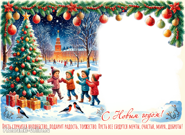 Милая фоторамка новогодняя ретро стиль, елочка, дети, город