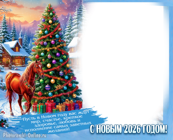 Фоторамка с лошадью, новогодней елкой, подарками, домиками
