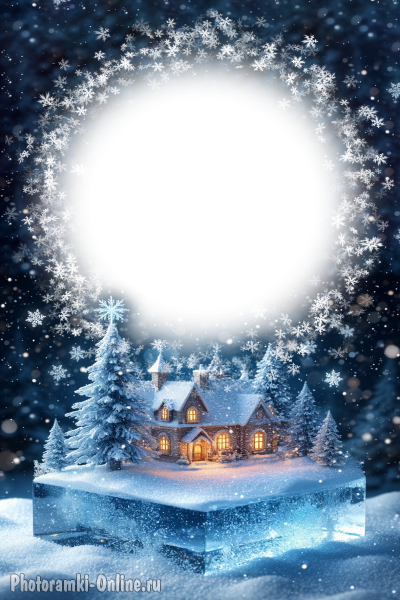 Фоторамка с зимним пейзажем на льдинке, ютный домик с теплым светом в окошках, заснеженные елки, сказка