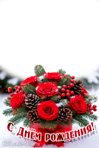 Фоторамка с зимним букетом роз и еловых ветвей среди снега
