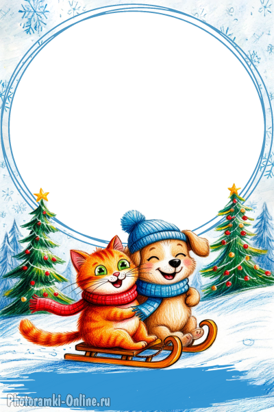 Фоторамка с с милым котиком и собачкой, которые катаются на санках