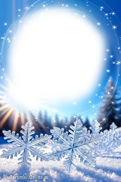 Фотоэффект со снежинками, солнечными лучами и голубым небом