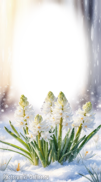 Фотоэффект с нежными белыми гиацинтами среди снега