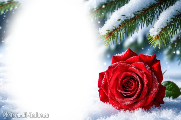 Фотоэффект с красной розой на снегу на фоне заснеженных еловых веток