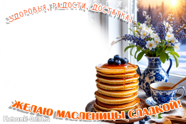 Фоторамка к Масленице, блины, чай, весенние цветы в вазе и изящная посуда