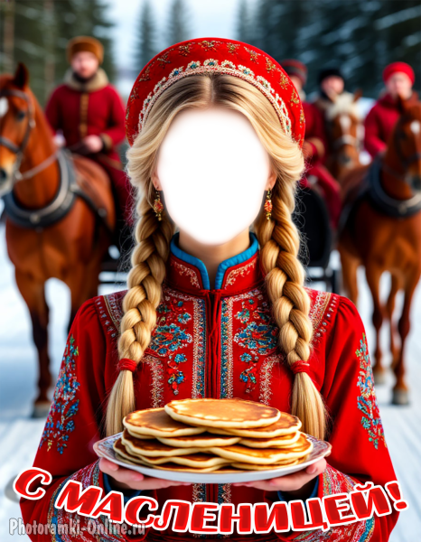 Фотошаблон для лица, Масленица. Женщина национальной одежде с блюдом блинов в руках.