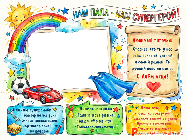 рамка с акварельными рисунками, папе-супергерою, с перечислением лучших качеств и пожеланиями