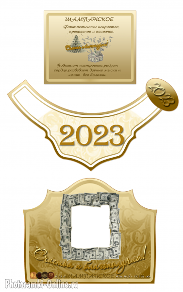 Красивая этикетка на шампанское 2023 с деньгами, вставить фото