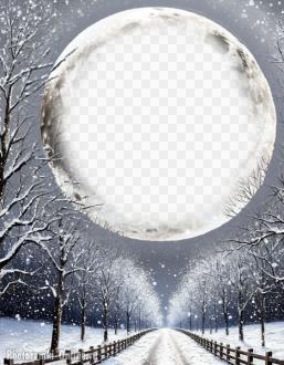 Фотоэффект в ночном небе, луна, красивая дорога, снег, деревья