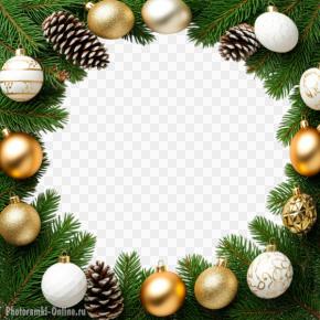 Новогодняя круглая рамка для фото с еловыми ветками, шишками и бело-золотыми шарами