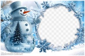 Круглая фоторамка из снежинок и красивый сказочный снеговик