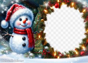 Новогодняя рамка для фото с весёлым снеговиком и гирляндой