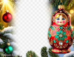 Фотоколлаж с новогодней игрушкой в виде матрешки среди заснеженных веток