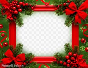 Фоторамка с еловыми ветками, алыми ягодами, лентами и шарами