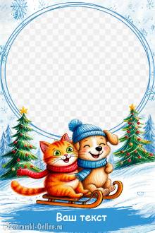 Фоторамка с с милым котиком и собачкой, которые катаются на санках