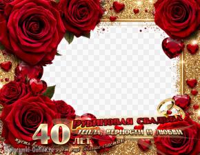 Рубиновая свадьба — фоторамка, роскошные тёмно-красные розы, рубины, изящные сердечки и мягкие блёстки