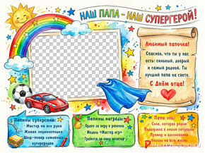 рамка с акварельными рисунками, папе-супергерою, с перечислением лучших качеств и пожеланиями