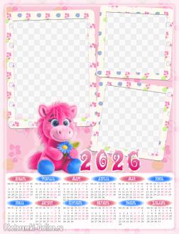 Детский календарь на три фото с символом года — игрушечной лошадкой